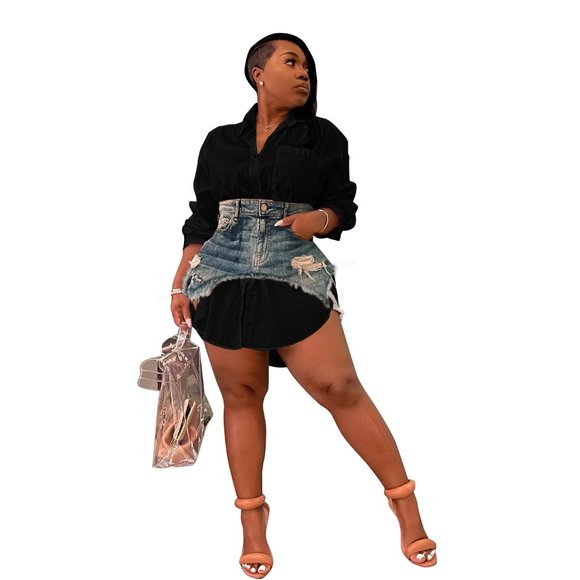 Dresses & Skirts - Denim Combination Skirt with Slim Shirt Dress Two Piece Set